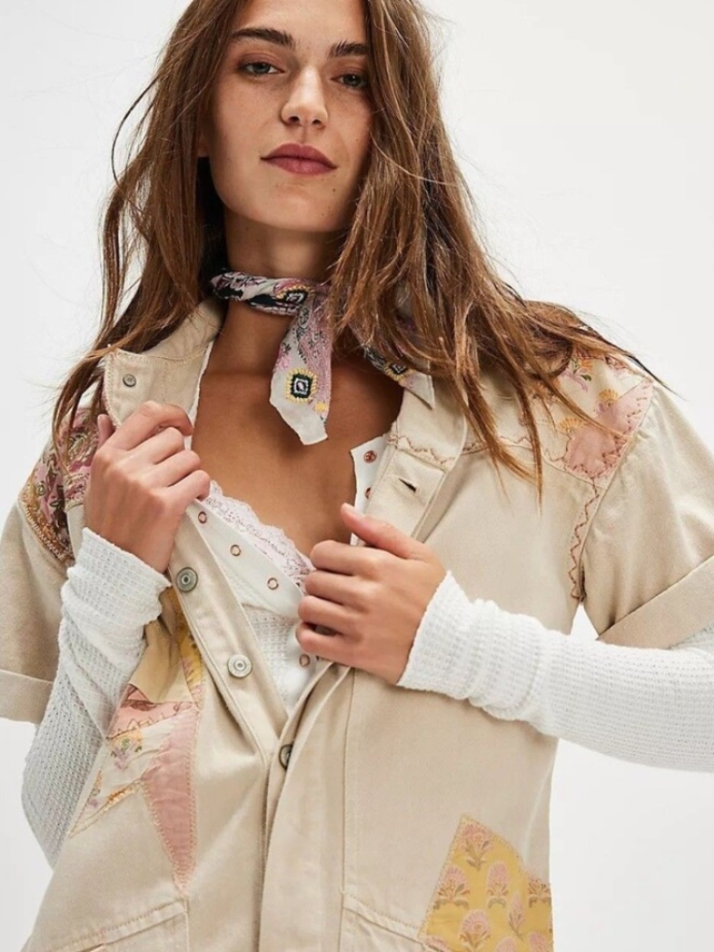 Free People We The Free Glory Days Jumpsuit Utility Patchwork Cotton Ecru Small